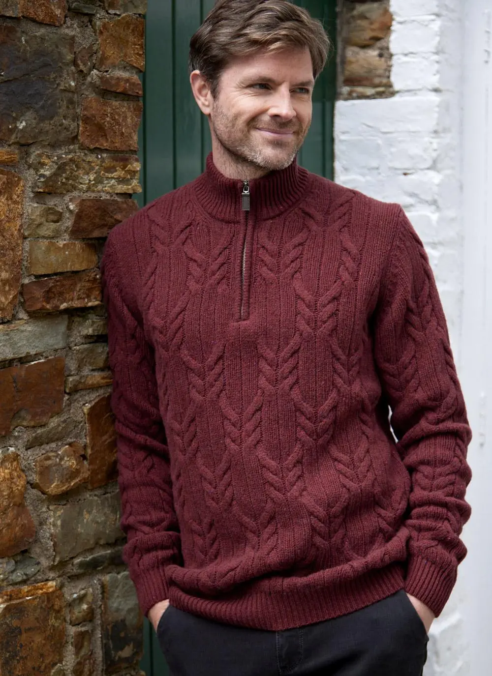 Mens Donegal Fleck Half Zip Cable Sweater in Burgundy | Blarney